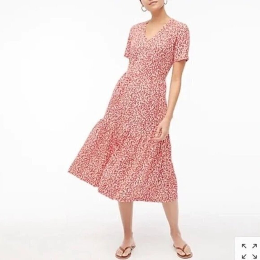 J. CREW XXS Ruffle Tiered Floral Midi Dress Red White Short Sleeve V Neck